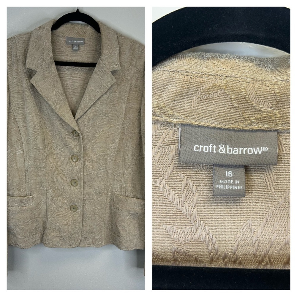 Boho Embroidered Textured Floral Blazer Beige Size 16 XL Western‎ Cottagecore